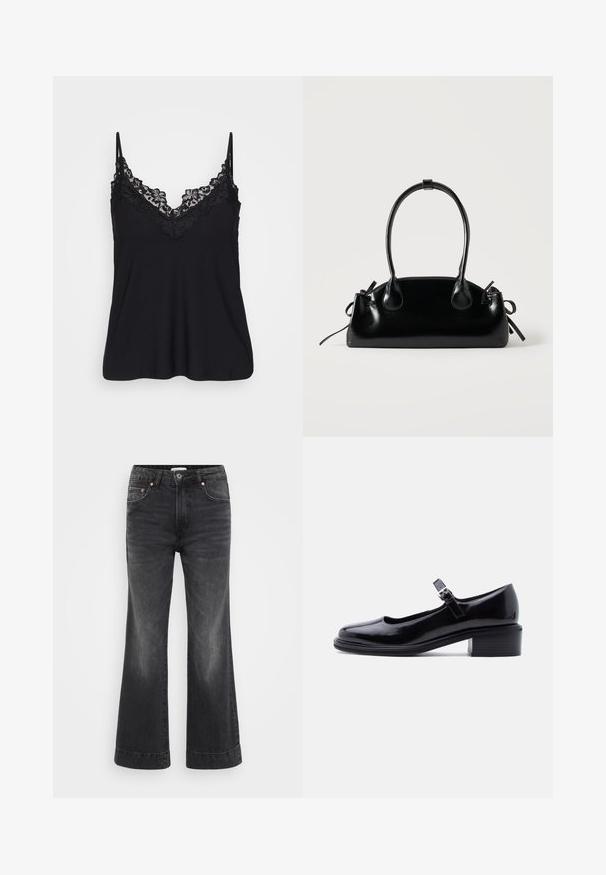 Camiseta negra sin mangas con encaje en el escote y en las tirantes; tejido suave con un diseño fluido para un ajuste relajado.; Pantalones vaqueros negros de pierna ancha con cintura alta, hechos de denim. Presentan bolsillos frontales, remaches de cobre y costuras visibles a lo largo de los dobladillos.; Zapato Mary Jane de charol negro con tacón bajo y bloque, correa ajustable con hebilla sobre fondo claro y liso.; Pequeño bolso negro brillante con dos asas largas y detalles de cordón lateral sobre un fondo claro liso.