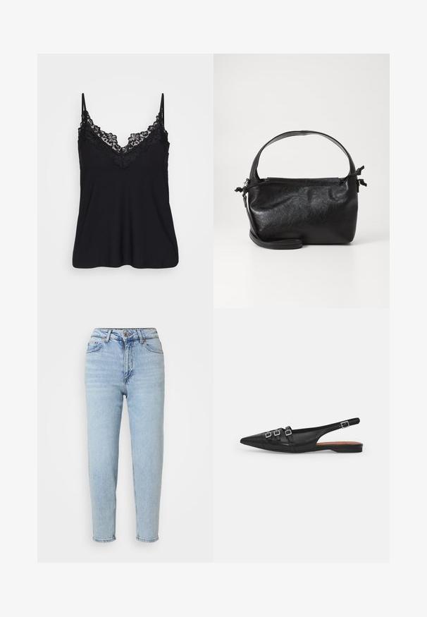 Zwarte camisole met kant langs de halslijn en de bandjes; zachte stof met een vloeiende ontwerp voor een relaxte pasvorm.; Lichtblauwe denim jeans met een hoge taille, recht gesneden pijpen, enkele knoopsluiting en subtiele wassingdetails aan de voorkant.; Zwarte leren slingback ballerina met spitse neus, voorzien van twee horizontale bandjes en vierkante zilveren gespen, lage hak en een gladde textuur.; Zwarte leren handtas met een gestructureerd ontwerp, een ronde bovenhandgreep en een afneembare schouderriem. Beschikt over een gladde textuur en een subtiele glans.