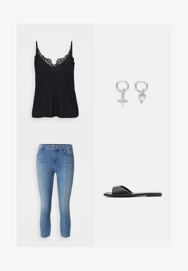 Sort camisole med blondekant langs udskæringen og stropperne; blødt stof med et flydende design for en afslappet pasform.; Lysblå denimjeans med en tætsiddende pasform, der har høj talje, frontknaplukning og diskrete syninger langs siderne.; Sorte slidesandaler har et glat syntetisk materiale, åben tå-designet og en flad sål med en minimal dekorationsstribe på siden.; Sølv hoop øreringe med et kors og hjerte charm. Glat, skinnende tekstur med en poleret finish. Hver charm hænger fra en sikker løkke.