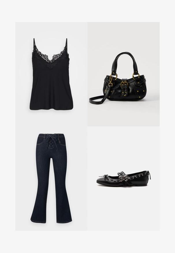 Sort camisole med blondekant langs udskæringen og stropperne; blødt stof med et flydende design for en afslappet pasform.; Mørkeblå flare-jeans med snørelukning foran og forlommer, vist fladt mod en ensfarvet baggrund.; Sort flad balletsko med dobbelt spænde, sølvøjer og en lille sløjfe nær den runde tå på en hvid baggrund.; Sort læderhåndtaske med guldbælge og nitdetaljer, korte håndtag og en justerbar skulderrem på en ensfarvet hvid baggrund.