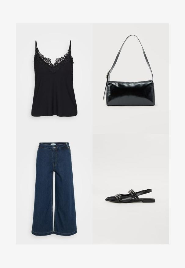 Camiseta negra sin mangas con encaje en el escote y en las tirantes; tejido suave con un diseño fluido para un ajuste relajado.; Pantalones de mezclilla de pierna ancha en azul oscuro. Cuenta con un cierre de botón, cinco bolsillos, costuras ligeras y una textura suave.; Even&Odd by Zalando Bailarinas con tira trasera - black; Bolso de hombro rectangular negro con una correa ajustable y un cierre de cremallera superior sobre un fondo liso.