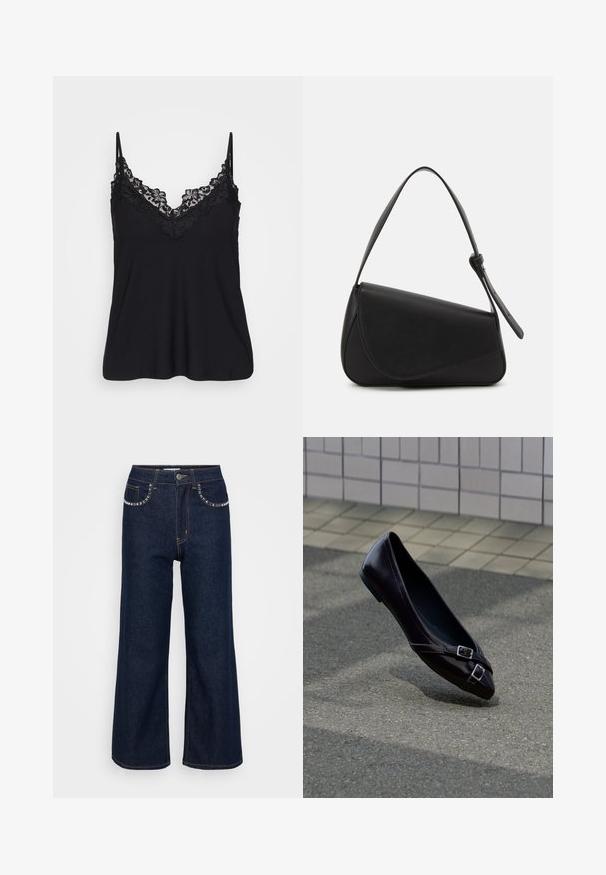 Sort camisole med blondekant langs udskæringen og stropperne; blødt stof med et flydende design for en afslappet pasform.; Mørkeblå brede ben jeans lavet af denim, med høj talje, to forlommer med dekorativ syning, og en enkelt knaplukning.; Sort spids balletflat med to små sølvspænder, der svæver over asfalt nær en flisebelagt væg som baggrund.; Sort læderhåndtaske med en triangular form, skrå klap og et rundt håndtag. Har en glat overflade og minimalistiske design detaljer.