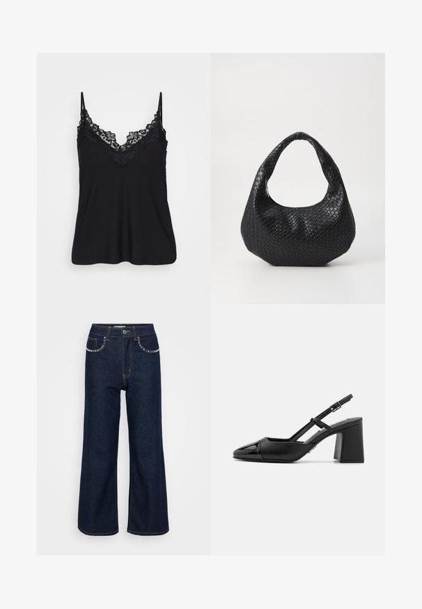 Sort camisole med blondekant langs udskæringen og stropperne; blødt stof med et flydende design for en afslappet pasform.; Mørkeblå brede ben jeans lavet af denim, med høj talje, to forlommer med dekorativ syning, og en enkelt knaplukning.; Sorte patentlæder slingback hæle med spids tå, blokhæl og justerbar rem. Glat tekstur og minimalistisk design.; Sort flettet håndtaske med et buet håndtag, der har en struktureret overflade og en afslappet form. Glat finish med en organisk silhuet.