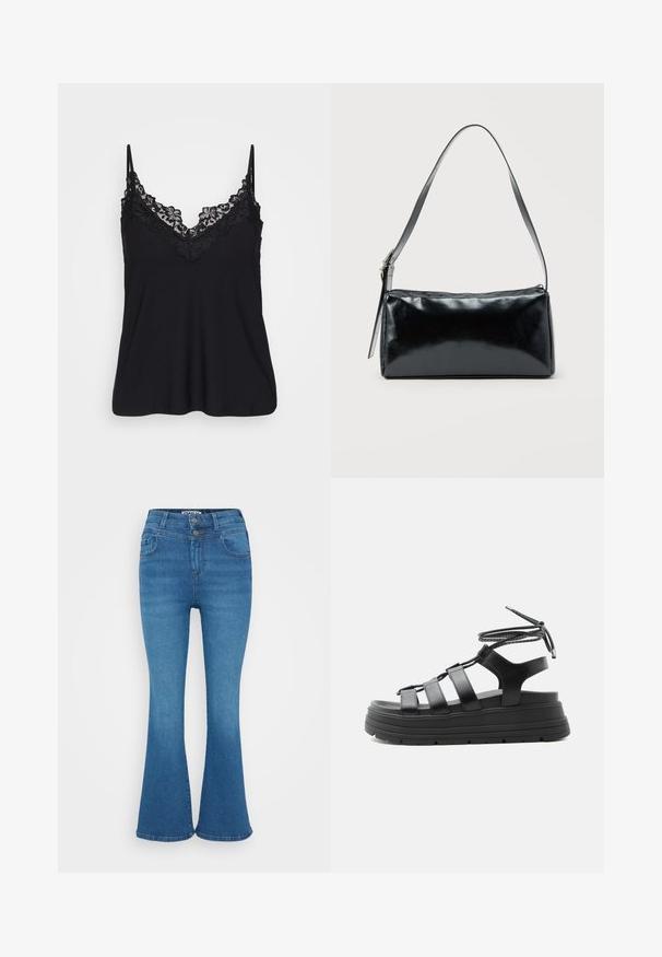 Camiseta negra sin mangas con encaje en el escote y en las tirantes; tejido suave con un diseño fluido para un ajuste relajado.; Jeans de mezclilla azul de corte acampanado con una cintura alta, cierre de dos botones y un ligero desgaste. Diseño clásico de cinco bolsillos, textura suave.; Sandalia negra de plataforma con suela gruesa, múltiples tiras horizontales y lazo para atar en el tobillo sobre un fondo claro y liso.; Bolso de hombro rectangular negro con una correa ajustable y un cierre de cremallera superior sobre un fondo liso.