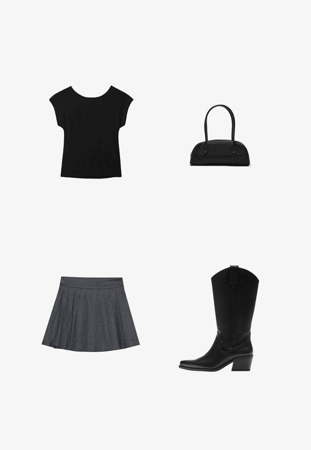 Haut noir à manches courtes avec un large col et une coupe ample. Fabriqué en tissu doux sans motifs ni embellissements visibles.; Jupe patineuse grise à rayures générales avec une taille ajustée, en forme évasée A et texture de tissu douce. Les lignes verticales renforcent l'intérêt visuel.; Botte western en cuir noir mi-mollet avec bout pointu et talon bloc superposé, avec languette de tirage et coutures décoratives discrètes.; Sac à main en cuir noir avec des poignées longues et arrondies et un corps rectangulaire incurvé, doté d'une fermeture éclair supérieure.
