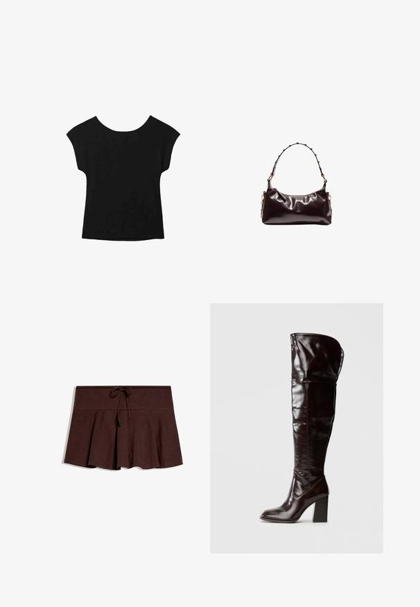 Haut noir à manches courtes avec un large col et une coupe ample. Fabriqué en tissu doux sans motifs ni embellissements visibles.; Jupe plissée marron foncé avec large ceinture et cordon de serrage au centre devant, posée à plat sur fond blanc.; Bottes en cuir bordeaux glacé montant jusqu'au genou, avec un bout carré et un talon bloc, présentant un design ample et des détails de couture minimalistes.; Sac à bandoulière en cuir brun foncé brillant avec une poignée incurvée ornée de petits clous métalliques ronds et une fermeture éclair supérieure.