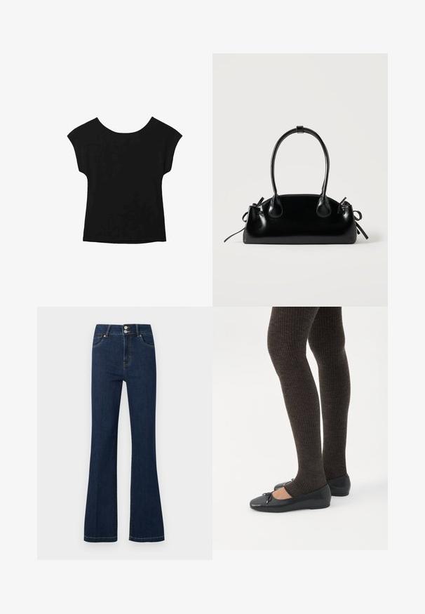 Haut noir à manches courtes avec un large col et une coupe ample. Fabriqué en tissu doux sans motifs ni embellissements visibles.; Jean en denim bleu foncé avec taille haute, double bouton de fermeture, poches avant et jambes légèrement évasées.; Jambes portant des leggings côtelés foncés associés à des ballerines noires avec de petits détails en nœud sur fond blanc.; Petit sac à main noir brillant avec deux longues anses et des détails à cordon sur les côtés sur un fond clair uni.
