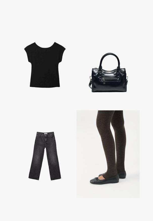 Haut noir à manches courtes avec un large col et une coupe ample. Fabriqué en tissu doux sans motifs ni embellissements visibles.; Jean noir à jambes larges avec poches avant et arrière, fermeture par bouton et passants de ceinture, posé à plat sur fond blanc.; Jambes portant des leggings côtelés foncés associés à des ballerines noires avec de petits détails en nœud sur fond blanc.; Sac à main en cuir noir brillant avec deux poignées, poche avant zippée et bandoulière amovible sur fond blanc.