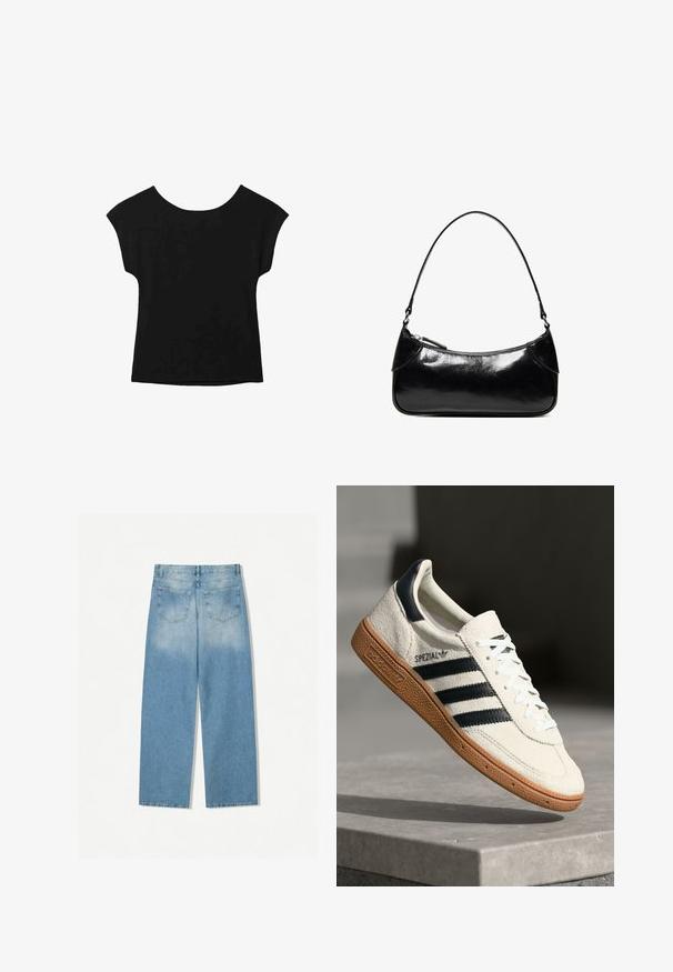 Haut noir à manches courtes avec un large col et une coupe ample. Fabriqué en tissu doux sans motifs ni embellissements visibles.; Jean en denim bleu clair avec une coupe droite, doté de deux poches arrière et d'une texture décolorée à la partie supérieure.; Baskets en daim blanc avec des bandes navy, semelle en caoutchouc gomme, tige texturée, bout rond et lacets ; arbore un logo sur le côté et sur la languette.; Sac à épaule en cuir noir brillant avec un seul compartiment zippé et une fine bandoulière arquée.
