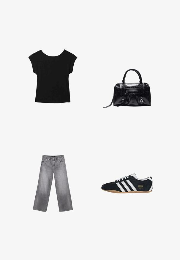 Haut noir à manches courtes avec un large col et une coupe ample. Fabriqué en tissu doux sans motifs ni embellissements visibles.; Jean en denim gris à jambes larges avec poches avant, passants de ceinture et fermeture à boutons, présenté à plat sur fond blanc.; Sneakers en suede noir avec trois bandes blanches, logo doré et semelle en caoutchouc marron. Présente un design à lacets à profil bas.; Sac à main en cuir noir brillant avec deux poignées, poche zippée à l'avant, détails avec boucle et bandoulière pour poignet sur fond blanc.