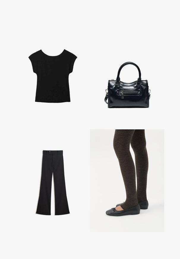Haut noir à manches courtes avec un large col et une coupe ample. Fabriqué en tissu doux sans motifs ni embellissements visibles.; Pantalon noir taille haute à jambes larges avec une taille à double bouton et une fermeture éclair frontale, présenté à plat sur un fond blanc.; Jambes portant des leggings côtelés foncés associés à des ballerines noires avec de petits détails en nœud sur fond blanc.; Sac à main en cuir noir brillant avec deux poignées, poche avant zippée et bandoulière amovible sur fond blanc.