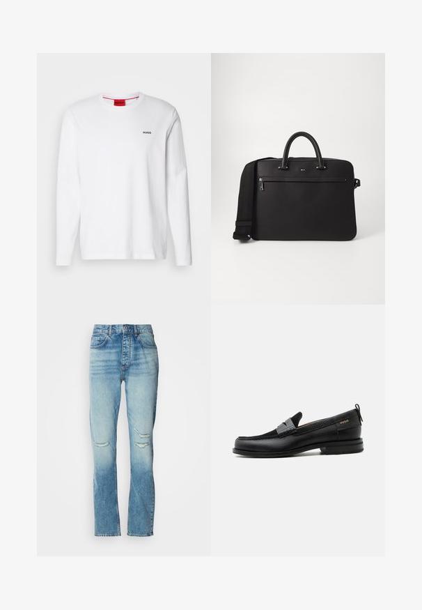 Camisa blanca de manga larga hecha de algodón, con un cuello redondo, logo negro "HUGO" en el lado izquierdo del pecho y una textura suave.; Jeans de mujer de tiro medio en azul con lavado desgastado, desgastes en ambas rodillas, corte recto y diseño clásico de cinco bolsillos.; Mocasín de cuero negro con detalle de tira gris, tacón bajo y suela texturizada, con la marca "HUGO" en oro en el lateral.; Bolso de piel negra con textura suave, doble asa superior y una correa de hombro desmontable. Cuenta con un bolsillo delantero con cremallera y detalle del logo.