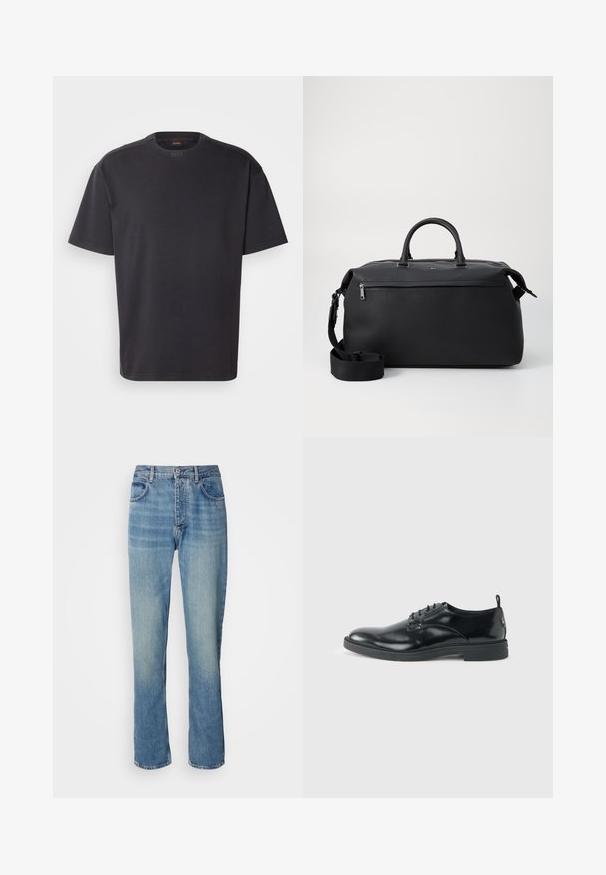 T-shirt noir à manches courtes en coton, avec un col rond et un logo discret au niveau du col. Texture lisse avec une coupe décontractée.; Jean en denim droit bleu clair avec taille haute, fermeture par bouton et zip à l'avant, et design à cinq poches.; Chaussure habillée en cuir noir brillant avec un petit talon, fermeture à lacets et bout rond, vue de côté sur un fond uni et clair.; Sac de voyage en cuir noir avec deux poignées supérieures, une bandoulière amovible et une poche avant zippée pour un espace de rangement supplémentaire.