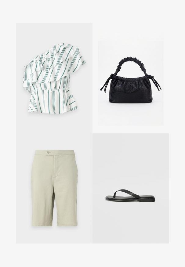 En-shoulder top i hvid med grønne striber, med volanger og en samlet talje for en peplum-effekt. Blødt stof.; Lysegrå shorts lavet af et blødt materiale. Har en knaplukning, sidelommer og et lige ben-design.; Sorte flip-flops lavet af glat læder, med et tyndt remdesign og en flad sål med et minimalt profil. Ingen bemærkelsesværdige mønstre eller accenter.; Sort taske med krokodilletekstur, rynket øverste kant, samlet hank og snore med kvaster på hver side mod en hvid baggrund.