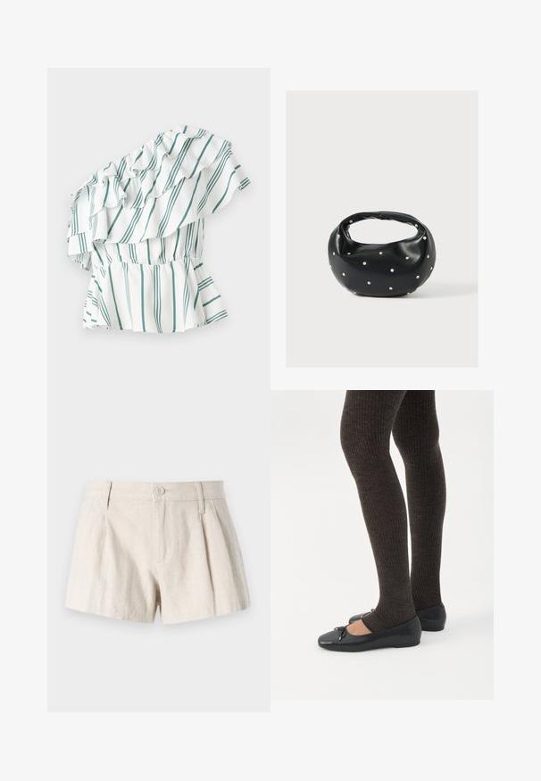 En-shoulder top i hvid med grønne striber, med volanger og en samlet talje for en peplum-effekt. Blødt stof.; Linning shorts i en lys beige farve med plisseret design, frontknaplukning og en glat, struktureret finish.; Ben iført mørke ribbede leggings kombineret med sorte balletsko med små sløjfedetaljer på hvid baggrund.; Sort læderhåndtaske med en rundet form, dekoreret med sølvnitter, og et kort håndtag. Glat tekstur og lynlåslukning.