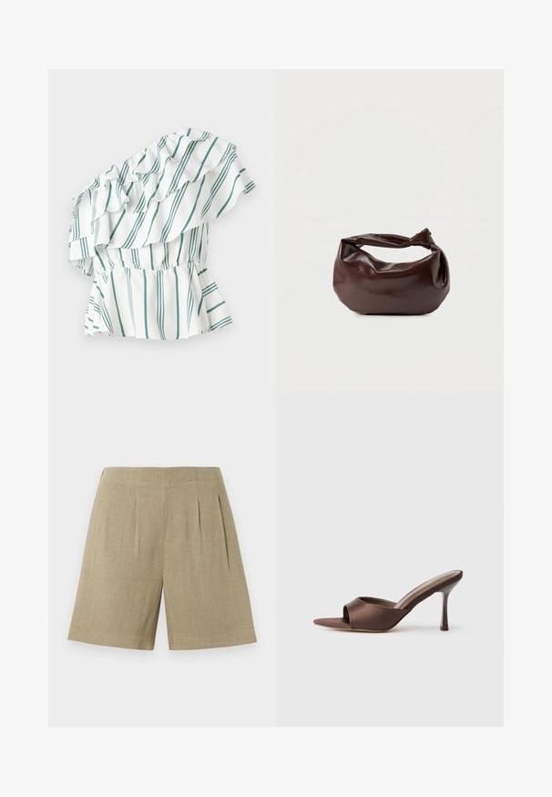 En-shoulder top i hvid med grønne striber, med volanger og en samlet talje for en peplum-effekt. Blødt stof.; Beige højtaljede skræddersyede shorts med forplisseringer foran og en glat taljebånd, lavet af let tekstureret stof.; Brune satin åben tå mule med en mellemhøj slank hæl og slip-on design på en ensfarvet hvid baggrund.; Mørkebrun læder skuldertaske med en blød, afslappet form og et snoet knudehåndtag på en ensartet hvid baggrund.