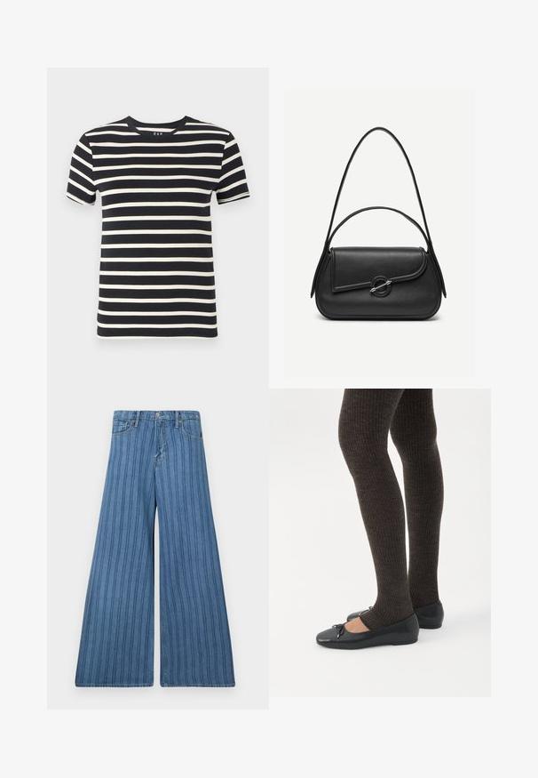 T-shirt bleu marine avec des rayures crémeuses horizontales, encolure ronde, manches courtes et en coton doux. Les bords sont finement finis.; Jeans à jambes larges en denim bleu moyen avec des rayures verticales, dotés d'une fermeture à bouton, de cinq poches et de coutures décoratives le long des coutures.; Jambes portant des leggings côtelés foncés associés à des ballerines noires avec de petits détails en nœud sur fond blanc.; Sac à main en cuir noir avec bords arrondis, rabat asymétrique, fermoir circulaire en métal, et des bandoulières courtes et longues.