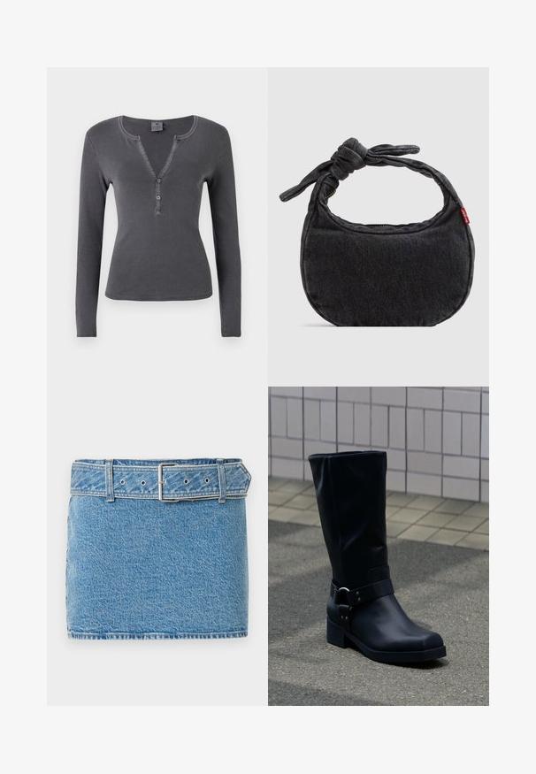 Top de manga larga en un gris oscuro, con escote en V, tapeta de tres botones y diseño ajustado. Textura suave y lisa con costuras mínimas.; Abercrombie & Fitch CLASSIC BELTED SCARLETTE MINI SKORT - Falda vaquera - blue denim; Bota negra de cuero hasta la mitad de la pantorrilla con un tacón bajo de bloque y una correa decorativa con hebilla metálica alrededor del tobillo, sobre un pavimento de baldosas.; Bolso pequeño de hombro de mezclilla negra con correa anudada y cierre de cremallera, con una etiqueta de tela roja de Levi's en el lateral.