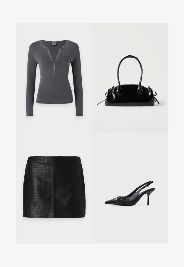Top de manga larga en un gris oscuro, con escote en V, tapeta de tres botones y diseño ajustado. Textura suave y lisa con costuras mínimas.; Mini falda de piel sintética negra con un patrón de cocodrilo texturizado, que presenta un acabado suave y una forma entallada sin herrajes visibles.; Zapato de tacón alto tipo slingback de piel negra con puntera puntiaguda, con hebilla y detalle de tira con ojetes en la parte delantera.; Pequeño bolso negro brillante con dos asas largas y detalles de cordón lateral sobre un fondo claro liso.