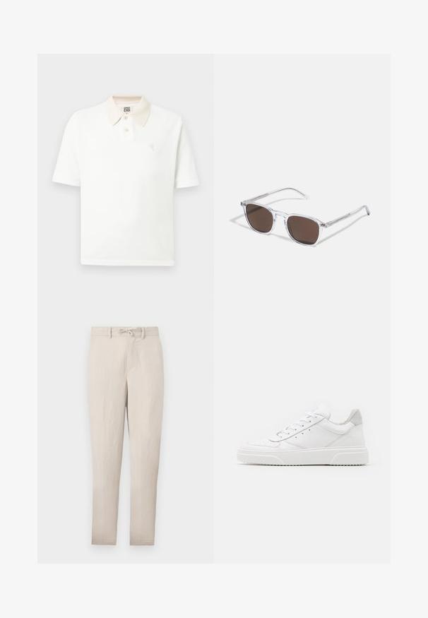Weißes Poloshirt mit kurzen Ärmeln, beigem Kragen, zwei Knöpfen, strukturierter Stoff und kleinem, auf der Brust gesticktem Logo.; Beige, leichte, taillierte Hose mit einem Kordelzug am Bund, flachem vorderen Teil und minimalen Falten. Verfügt über Gürtelschlaufen und seitliche Taschen.; Weiße Leder-Sneaker mit glatter Oberfläche, rundem Zehenbereich, flachen Schnürsenkeln und strukturiertem Schuhsohlen. Graues Wildleder-Detail an der Ferse.; Klarer Kunststoff-Sonnenbrillen mit rechteckigen braunen Gläsern, ausgestattet mit dünnen, transparenten Bügeln und Metallakzenten an den Schläfen.