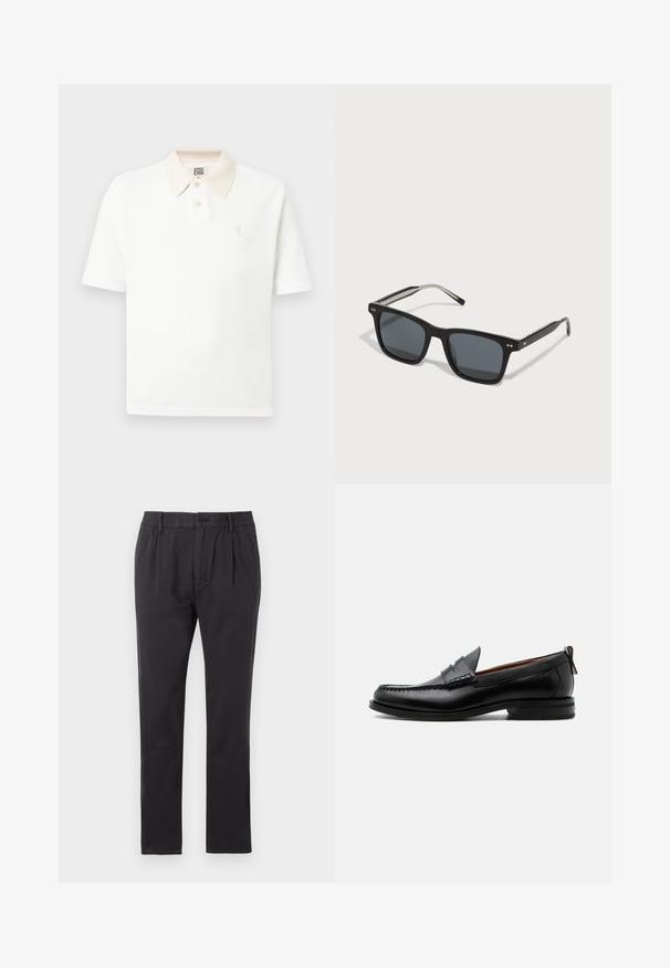 Weißes Poloshirt mit kurzen Ärmeln, beigem Kragen, zwei Knöpfen, strukturierter Stoff und kleinem, auf der Brust gesticktem Logo.; Tommy Jeans ISAAC LIGHT - Chino - black; Schwarzer Leder-Herrenschuh mit Mokassinnaht, Penny-Riemen, strukturiertem Kragen und niedrigem gestapeltem Absatz auf weißem Hintergrund.; Schwarze quadratische Sonnenbrillen mit dunklen Gläsern, Kunststoffrahmen, metallischen Akzenten und dem charakteristischen Logo am Bügel. Elegantes Design mit modernem Aussehen.