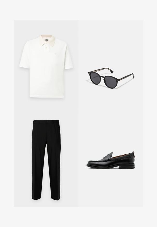 Polo de manga corta blanca con cuello beige, dos botones, tela texturizada y pequeño logo bordado en el pecho.; Pantalones negros de tela suave, con corte recto, dos bolsillos frontales y cremallera con cierre de botón.; Mocasín de hombre de piel negra con costura moc toe, tira penny, cuello texturizado y tacón bajo apilado sobre fondo blanco.; BOSS Gafas de sol - black