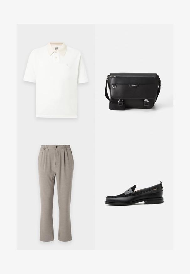 Hvid polo med korte ærmer, beige krave, to knapper, tekstureret stof og lille broderet logo på brystet.; Lyse grå bukser med en afslappet pasform, lavet af blødt stof, med elastisk talje, plisseringer og en enkelt knaplukning.; Sort læderloafer med grå remdetalje, lav hæl og tekstureret sål, mærket med "HUGO" i guld på siden.; Sort tekstureret Lacoste messengertaske med justerbar rem, frontklap, lynlås lomme og metalspænder.