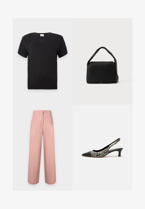 T-shirt noir à manches courtes, col rond avec un logo Calvin Klein subtilement brodé centré sur la poitrine, design épuré sur fond blanc.; Pantalon taille haute à jambes larges en tissu rose doux avec bouton devant et fermeture éclair dissimulée.; Chaussure slingback noire à bout pointu avec petit talon kitten et empeigne effet peau de serpent, ornée d'une petite boucle dorée sur la bride.; Sac à main en cuir noir avec une texture lisse, de forme rectangulaire et une poignée courbée. Il dispose d'une fermeture éclair dorée et d'une marque discrète à l'avant.