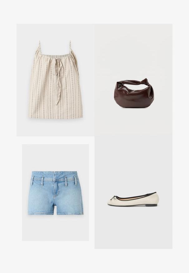 Haut beige sans manches avec fines rayures verticales noires et un lien noué à l'avant au niveau de l'encolure carrée, présenté sur un fond clair.; Short en denim bleu clair avec passants de ceinture, fermeture éclair à l'avant et coutures doubles, posé à plat sur un fond neutre.; Ballerine en textile beige avec une bordure noire. Affiche un bout arrondi et un petit nœud en accent sur le devant. Semelle basse.; Sac bandoulière en cuir marron foncé avec une forme souple et décontractée et une anse nouée torsadée sur un fond blanc uni.