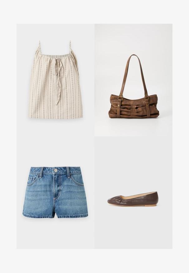 Haut beige sans manches avec fines rayures verticales noires et un lien noué à l'avant au niveau de l'encolure carrée, présenté sur un fond clair.; Short en denim bleu avec bouton sur le devant, passants de ceinture et deux poches avant, présenté sur un fond clair.; Ballerine en cuir marron avec un bout arrondi, des détails froncés à l'avant et une semelle plate de couleur claire.; Even&Odd Sac à main - brown