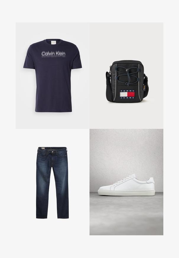 Námornícky bavlnený tričko s krátkymi rukávmi, okrúhlym výstrihom a bielym logom Calvin Klein s nápisom "ZALOŽENÉ DEVÄTNÁSTEHO ROKU ŠESŤDESIAT OSM" pod ním.; Tmavomodré rifle z džínsoviny s rovný strihom, dizajnom s piatimi vreckami a kontrastným šitím. Majú jednoduchý pás a kovové zapínanie na gombík.; Biele tenisky s hladkým koženým zvrškom a nízkym profilom. Majú zaoblenú špičku, šesť očiek a štruktúrovanú gumovú podrážku.; Čierna crossbody taška vyrobená z textilu, s logom na nášivke, detailom elastického šnúry na prednej strane, nastaviteľným popruhom a zipsovým uzáverom.