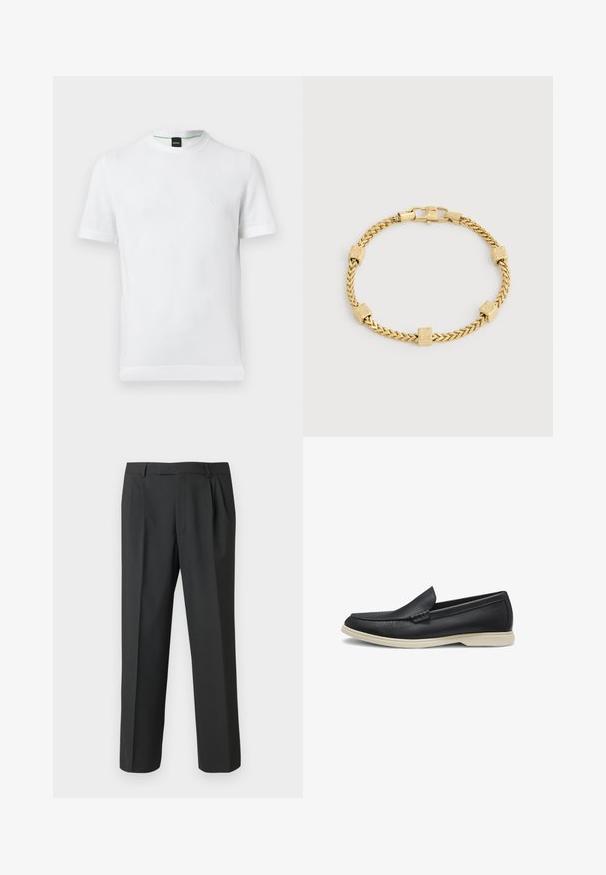T-shirt blanc à manches courtes et col rond avec un logo discret "BOSS" sur la poitrine et un détail vert à l'intérieur du col, sur un fond uni.; Pantalon noir en tissu lisse, avec une coupe droite, un devant plissé et une taille standard avec passants pour ceinture.; Mocassin noir en cuir à enfiler avec un bout arrondi et une semelle en caoutchouc beige clair, présenté de profil sur fond blanc.; Bracelet chaîne en or avec cinq petites breloques en forme de cube disposées de manière égale et une fermeture sécurisée sur un fond uni.