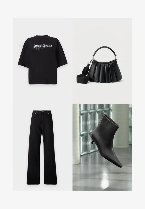 Čierne oversized tričko vyrobené z bavlny, s krátkymi rukávmi a prednou grafikou s bielym textom "Joop Jeans" a trblietkami.; Čierne nohavice s širokými nohavicami vyrobené z denimu, s piatimi vreckami, predným zapínaním na gombík a jemnými prešívacími detailmi.; Čierna kožená členková obuv s ostrou špičkou a nízkym podpätkom, zobrazená na pozadí steny zo sklenených blokov a leštenej podlahy.; Čierna plisovaná kožená kabelka s krátkou rúčkou a odnímateľným širokým látkovým ramenným popruhom na bielom pozadí.