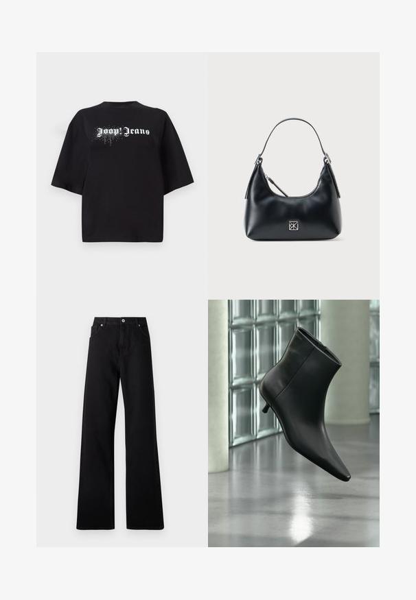 Čierne oversized tričko vyrobené z bavlny, s krátkymi rukávmi a prednou grafikou s bielym textom "Joop Jeans" a trblietkami.; Čierne nohavice s širokými nohavicami vyrobené z denimu, s piatimi vreckami, predným zapínaním na gombík a jemnými prešívacími detailmi.; Čierna kožená členková čižma so špicatou špičkou a nízkym kitten podpätkom, zobrazená šikmo na pozadí leštenej podlahy a steny zo sklenených blokov.; Čierna kožená kabelka cez rameno s jedným uchom, zipsovým uzáverom a malým štvorcovým strieborným logom vpredu.