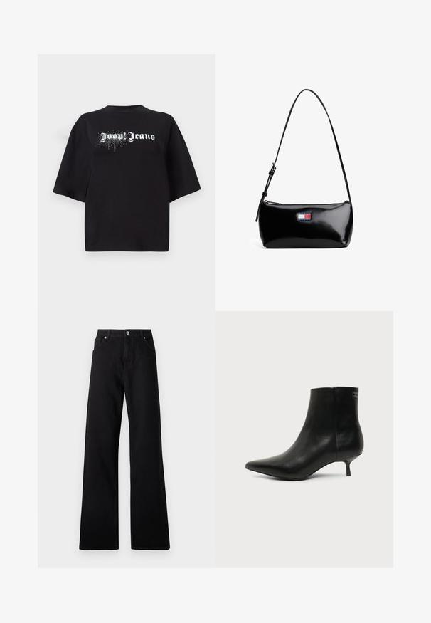 Schwarzes, oversized T-Shirt aus Baumwolle mit kurzen Ärmeln und einem Frontgrafik, die weißen Text "Joop Jeans" und glitzernde Details zeigt.; Schwarze weit geschnittene Jeans aus Denim mit einem Fünf-Taschen-Design, vorderem Knopfverschluss und dezenten Nähdetails.; Schwarzer Leder-Knöchel-Stiefel mit spitzer Spitze und niedrigem Kittenabsatz vor hellem Hintergrund, seitliche Ansicht.; Schwarze Lackleder-Schultertasche mit einem gebogenen Tragegurt, Reißverschlussverschluss und einem rechteckigen Logopatch in Rot, Weiß und Blau.