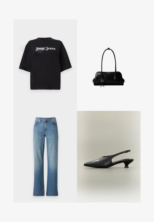 Mustapohja oversized T-paita, joka on valmistettu puuvillasta, lyhythihaisilla hihoilla ja edessä grafiikka, jossa on valkoinen teksti "Joop Jeans" ja kimaltelevia yksityiskohtia.; Vaaleansiniset farkut suoralla lahkeella, joissa on viisi taskua, napitus ja lievää haalistumista kuluneen ilmeen saamiseksi.; Musta nahkainen slingback-kenkä, jossa on terävä kärki ja matala kissakorko neutraalilla taustalla.; Musta krokotiilipintainen nahkainen olkalaukku pitkillä remmeillä ja pienellä hopeisella logokoristeella yhdellä remmistä.