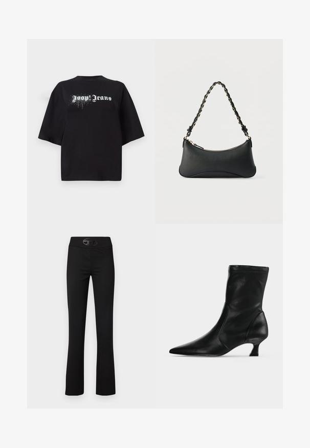 Sort oversized T-shirt lavet af bomuld, med korte ærmer og et front print med hvid tekst "Joop Jeans" samt glitrende detaljer.; Sorte flared bukser lavet af et glat, strækbart materiale. De har et bredt taljebånd og et skinnende sort logo-accent foran.; Sort læderstøvle til midt på læggen med spids tå og lav kittenhæl, vist fra siden på en ensartet lys baggrund.; Sort skuldertaske i læder med en buet rektangulær form, gyldent kæde vævet ind i en flettet sort rem og toplynlås.