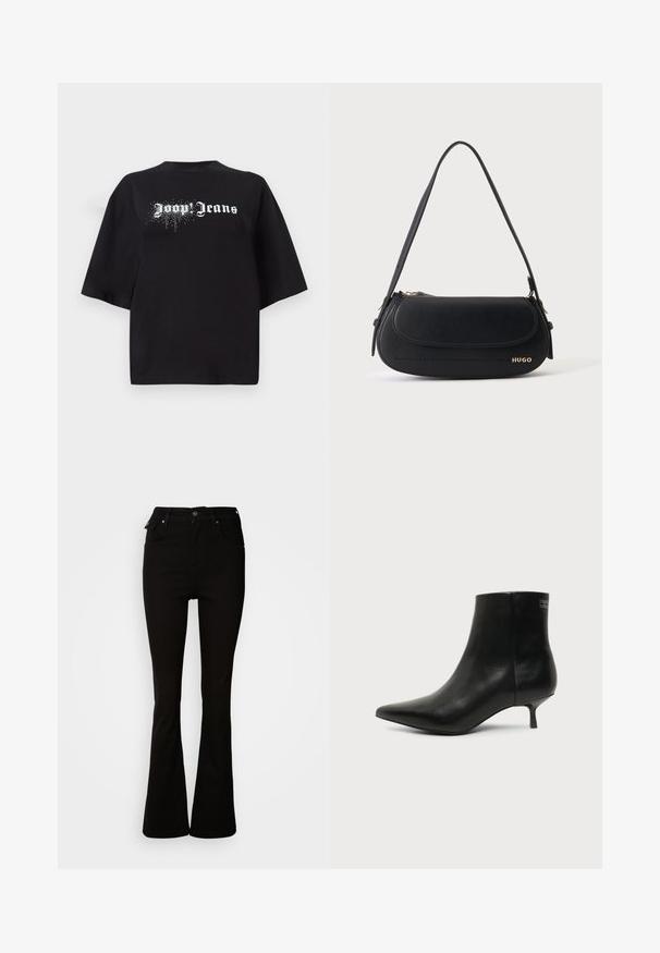 Sort oversized T-shirt lavet af bomuld, med korte ærmer og et front print med hvid tekst "Joop Jeans" samt glitrende detaljer.; Sorte flare jeans lavet af denim, med høj talje, forlommer og et klassisk fem-lomme design med metalhardware detaljer.; Sort læder ankelstøvle med spids tå og lav kitten hæl på lys baggrund, der viser yderside.; Sort skuldertaske i læder med buet klap, guld "HUGO" logo på forsiden og enkelt justerbar strop.