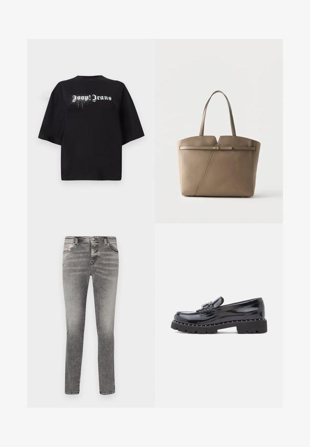 Čierne oversized tričko vyrobené z bavlny, s krátkymi rukávmi a prednou grafikou s bielym textom "Joop Jeans" a trblietkami.; Sivé denimové skinny džínsy s piatimi vreckami, vyblednutým vzhľadom a detailmi s nitmi. Majú zapínanie na gombík a pútka na opasok pozdĺž pásu.; Čierne lakované kožené mokasíny s robustnou gumovou podrážkou, dekoratívnym retiazkou a striebornými cvočkami pozdĺž okraja podrážky.; Kožená taška taupe s textúrovaným povrchom, úzky horizontálny popruh so zlatou prackou a dvomi rukoväťami na jednoliatom svetlom pozadí.