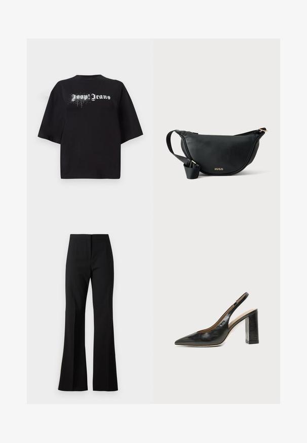 Čierne oversized tričko vyrobené z bavlny, s krátkymi rukávmi a prednou grafikou s bielym textom "Joop Jeans" a trblietkami.; Čierne rozšírené nohavice z hladkej tkaniny, s vysokým pásom, prednými záhybmi a čistým zakončením na lemoch.; Čierna kožená slingback obuv s špicatou špičkou, vysokým hrubým podpätkom a béžovou vnútornou podšívkou na svetlom jednofarebnom pozadí.; Čierna kožená crossbody kabelka v tvare polmesiaca s nastaviteľným popruhom a zlatým logom "HUGO" vpredu.