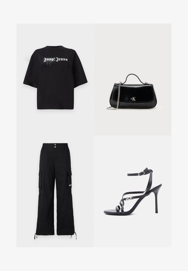 Must tumed T-särk, mis on valmistatud puuvillast, lühikeste varrukatega ning esiosas on graafika valgete tähtedega "Joop Jeans" ja sädelevate detailidega.; Mustad kabuuri püksid, millel on mugav lõige, mitme küljetaskuga, elastne vöökoht ja reguleeritavad paelad allääres.; Mustad kõrge kontsaga sandaal õhukeste rihmadega, pahkluu pannal ja metallist logoga detailiga küljerihmal, valge tausta ees.; Must nagu nahast käekott ahela rihmaga, struktureeritud kuju ja hõbedane logosildiga. Sile tekstuur ning klapiga sulgemine.