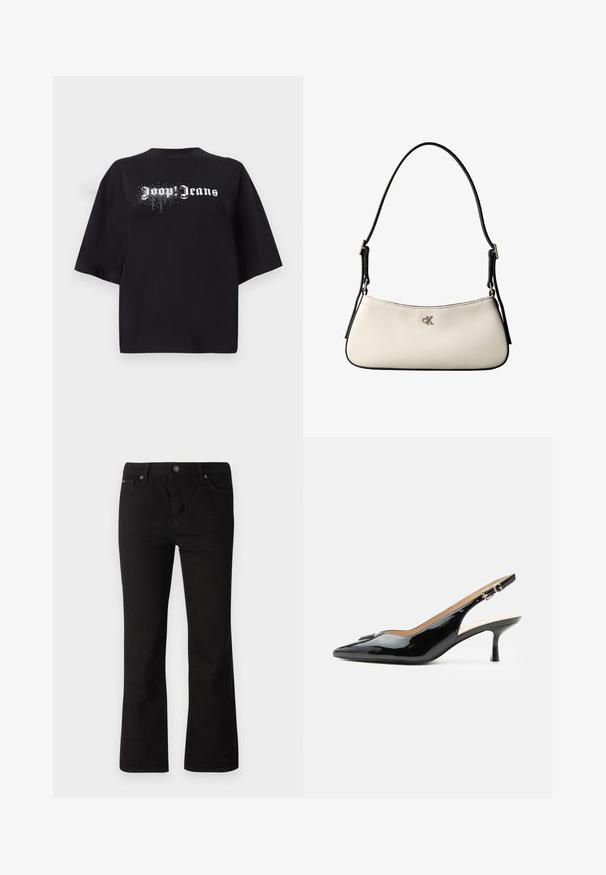 Schwarzes, oversized T-Shirt aus Baumwolle mit kurzen Ärmeln und einem Frontgrafik, die weißen Text "Joop Jeans" und glitzernde Details zeigt.; Schwarze gerade Jeans mit Knopf- und Reißverschluss, Gürtelschlaufen sowie Vorder- und Gesäßtaschen vor einem weißen Hintergrund.; Schwarzer Pumps mit Riemchen aus Lackleder, spitz zulaufender Zehenpartie, kleinem Kitten-Heel und silberner Schnalle auf weißem Hintergrund.; Kleine schultertasche in cremefarben mit schwarzem Besatz, verstellbarem schwarzem Riemen und silbernem "cK"-Logo in der Mitte vorne.
