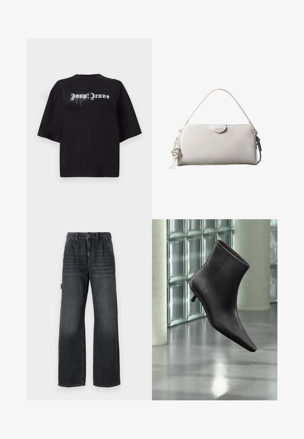 Schwarzes, oversized T-Shirt aus Baumwolle mit kurzen Ärmeln und einem Frontgrafik, die weißen Text "Joop Jeans" und glitzernde Details zeigt.; Weite Jeans aus dunkelgrauem Denim, mit hoher Taille, Fronttaschen und dezenten Waschungen an den Oberschenkeln. Kontrastierende Nähte.; Schwarzer Leder-Knöchelstiefel mit spitzer Spitze und kleinem Absatz vor einer Wand aus Glasbausteinen und einem polierten Boden.; Weiße rechteckige Calvin Klein Handtasche mit einem einzelnen Henkel, minimalistischem Design und dekorativen Quasten mit geometrischem Metallanhänger an der Seite.