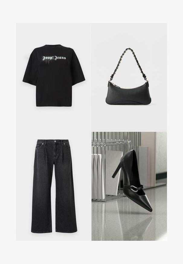 T-shirt noir surdimensionné en coton, avec des manches courtes et un motif à l'avant comportant le texte blanc "Joop Jeans" et des détails scintillants.; Jean noir à jambe large en denim, avec une fermeture à bouton sur le devant, deux poches avant et une finition épurée sans embellissements.; Chaussure à talon haut noire pointue avec une bride à boucle argentée, placée sur une surface réfléchissante près d’un organiseur métallique contenant des papiers.; Sac à bandoulière en cuir noir de forme rectangulaire incurvée, avec une chaîne dorée tissée dans la bandoulière noire tressée et une fermeture éclair sur le dessus.