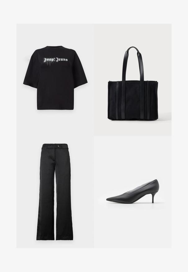 Čierne oversized tričko vyrobené z bavlny, s krátkymi rukávmi a prednou grafikou s bielym textom "Joop Jeans" a trblietkami.; Čierne nohavice so širokými nohavicami a hladkým povrchom, s pásom a zapínaním na gombík. Jednoduchý dizajn, vhodný na rôzne príležitosti.; Čierna lodička s ostrou špičkou, vyrobená z hladkej kože. Má štíhlý opätok a minimalistický dizajn bez viditeľných ozdôb.; Čierna obdĺžniková taška cez rameno s dvomi dlhými rúčkami a vertikálnymi koženými detailmi vpredu, na jednoduchom svetlom pozadí.