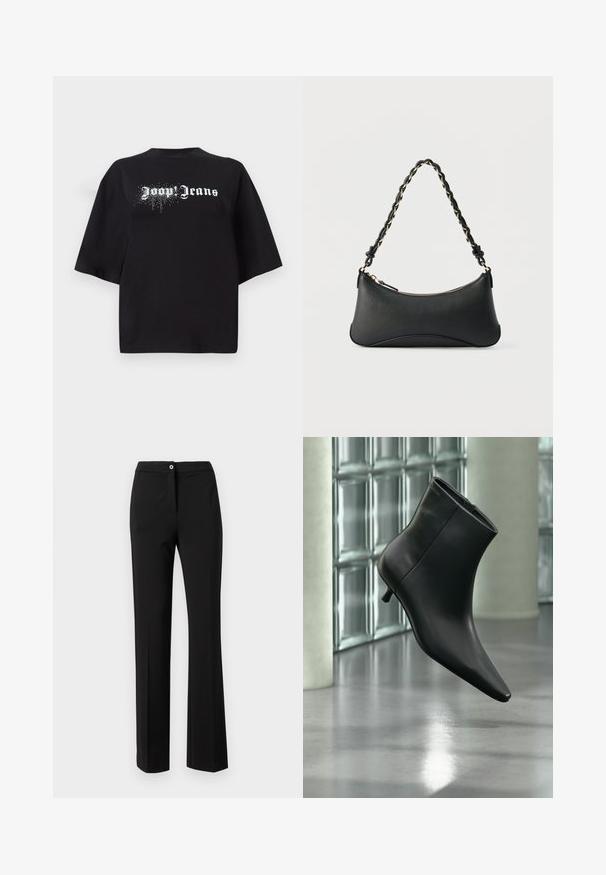 Schwarzes, oversized T-Shirt aus Baumwolle mit kurzen Ärmeln und einem Frontgrafik, die weißen Text "Joop Jeans" und glitzernde Details zeigt.; Schwarze Hose aus einem glatten Stoff, mit einem geraden Schnitt, verdecktem Verschluss und einem einzigen Knopfdetails am Bund.; Schwarzer Leder-Stiefelette mit spitzer Zehenpartie und niedrigem Kitten-Heel, schräg dargestellt vor einem polierten Boden und einer Glasbausteinwand.; Schwarze Lederschultertasche mit gewölbter rechteckiger Form, goldener Kette, die in den geflochtenen schwarzen Riemen eingewebt ist, und Reißverschlussverschluss oben.