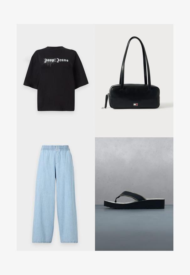 Schwarzes, oversized T-Shirt aus Baumwolle mit kurzen Ärmeln und einem Frontgrafik, die weißen Text "Joop Jeans" und glitzernde Details zeigt.; Helle blaue, weite Jeanshosen mit elastischem Bund. Angenehme Textur ohne sichtbare Muster oder Verzierungen.; Schwarz-weiß gemusterte Plattform-Flip-Flop-Sandale mit dicker Sohle auf gefliestem Boden, im Hintergrund Grünpflanzen und Steinmauer.; Schwarze Lederhandtasche mit rechteckiger Form, flachem Boden, zwei Schulterriemen und einem kleinen Logodetail auf der Vorderseite. Glatte Textur.
