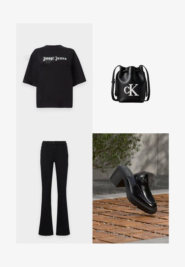 Čierne oversized tričko vyrobené z bavlny, s krátkymi rukávmi a prednou grafikou s bielym textom "Joop Jeans" a trblietkami.; Čierne rozšírené džínsy vyrobené zo zmesi bavlny. Majú zapínanie na gombík, pútka na opasok a predné vrecká. Hladká textúra s miernym elastickým efektom.; Čierne kožené šľapky Calvin Klein s blokovým podpätkom, ktoré oddychujú na drevených dlaždiciach vonku blízko zelenej rastliny a šedej steny.; Čierna kožená bucket taška so sťahovacou šnúrkou na vrchu a bielym logom "cK" na prednej strane, vybavená nastaviteľným ramenným popruhom.