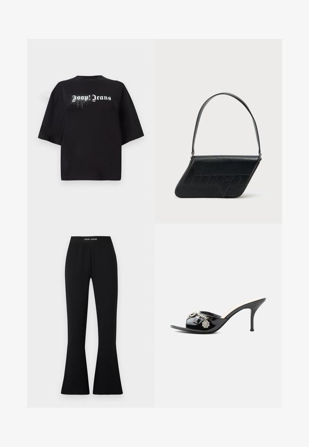 T-shirt noir surdimensionné en coton, avec des manches courtes et un motif à l'avant comportant le texte blanc "Joop Jeans" et des détails scintillants.; Pantalon noir évasé en tissu extensible avec une taille élastique ornée du logo "JOOP! JEANS". Texture lisse avec une silhouette ajustée.; Mule à talon haut en cuir verni noir avec bout ouvert et breloques argentées décoratives comprenant une fleur et un cadenas sur la bride avant.; Sac d'épaule en cuir noir de forme triangulaire, avec un logo embossé et une seule bandoulière réglable. Design minimaliste avec une texture lisse.
