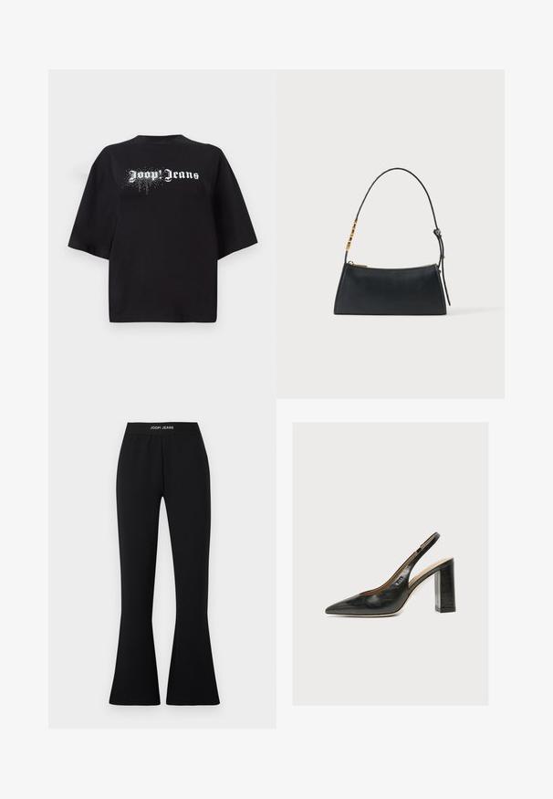 Mustapohja oversized T-paita, joka on valmistettu puuvillasta, lyhythihaisilla hihoilla ja edessä grafiikka, jossa on valkoinen teksti "Joop Jeans" ja kimaltelevia yksityiskohtia.; Musta levenevät housut joustavasta kankaasta, joissa on joustava vyötärö "JOOP! JEANS" -logolla. Sileä tekstuuri ja istuva siluetti.; Mustasta nahasta valmistettu naisten slingback-kenkä, jossa on terävä kärki ja paksu korkea lohkokorko valkoisella taustalla.; Mustasta nahasta valmistettu käsilaukku, jossa kullanvärinen vetoketju ja säädettävä hihna, joka sisältää kultaiset suorakaiteen muotoiset yksityiskohdat valkoisella taustalla.